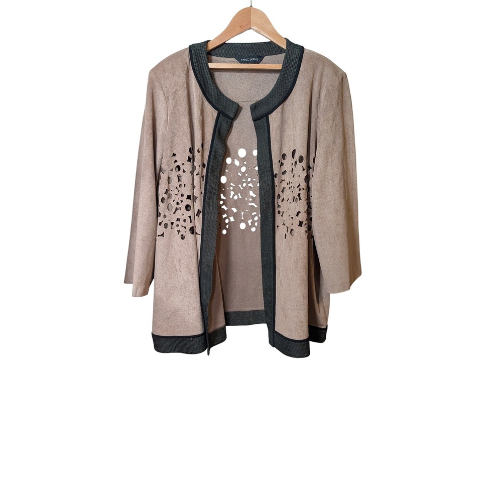 Ming Wang Tan Faux Suede Laser Cut Open Front Jacket Tan Black Trim 3X